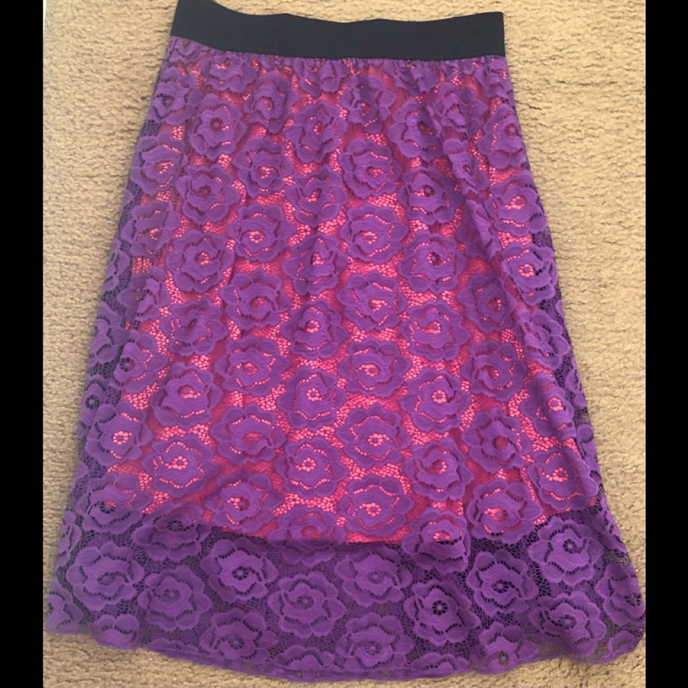 LuLaRoe Purple Floral Lace Lola Midi Skirt